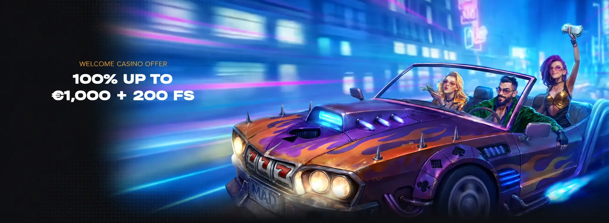 Madcasino welcome casino offer banner with €1,000 bonus and 200 free spins