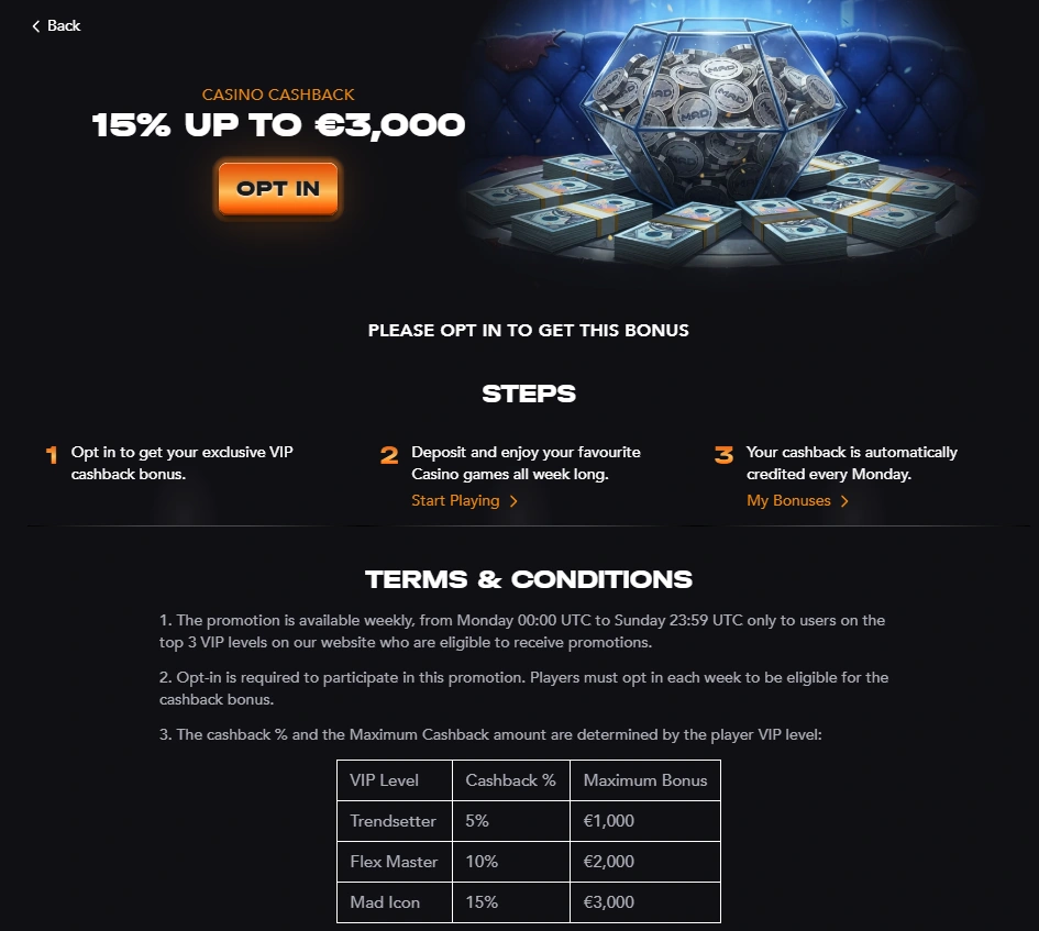 Madcasino casino cashback offer with 15% cashback up to €3,000
