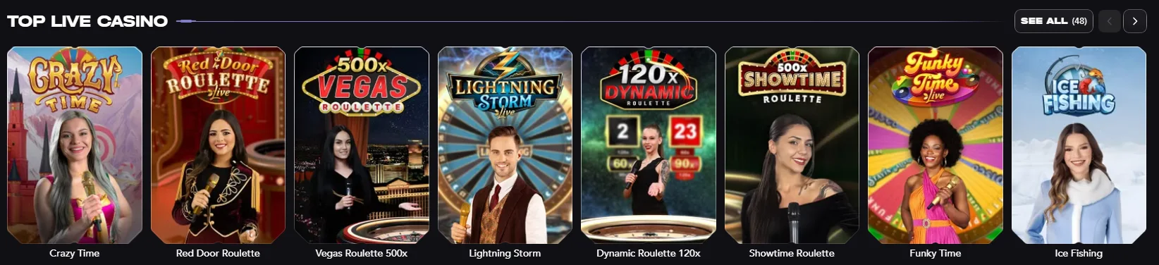 Madcasino live casino lobby with roulette blackjack and game show titles