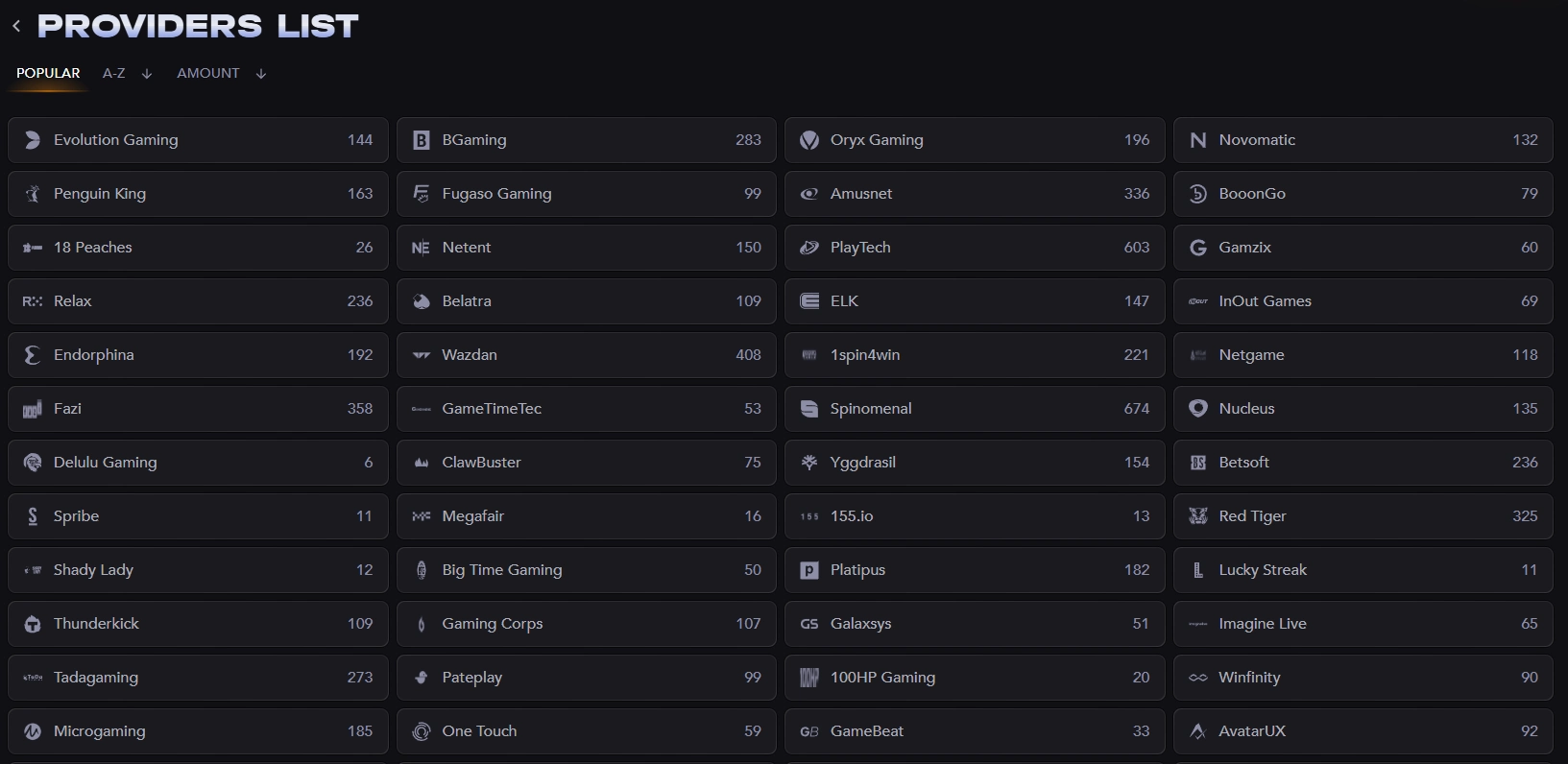 Madcasino casino providers list showing software studios and game counts
