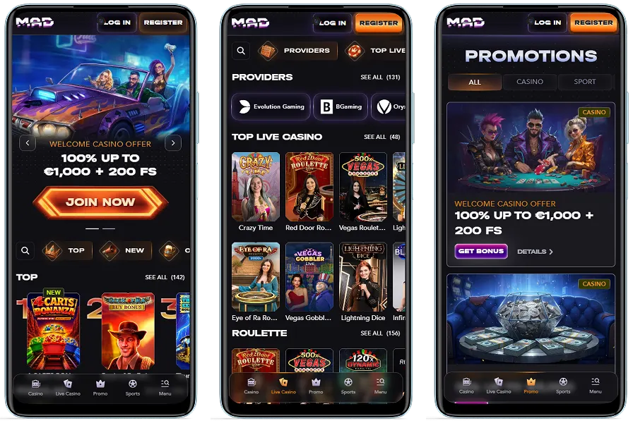 Madcasino mobile website showing casino games live casino and promotions