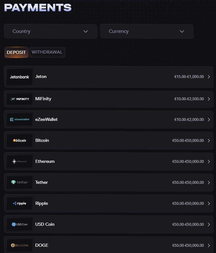 Madcasino payments page showing deposit methods and supported cryptocurrencies
