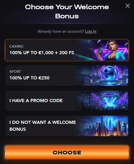 Madcasino registration screen with casino and sports welcome bonus options