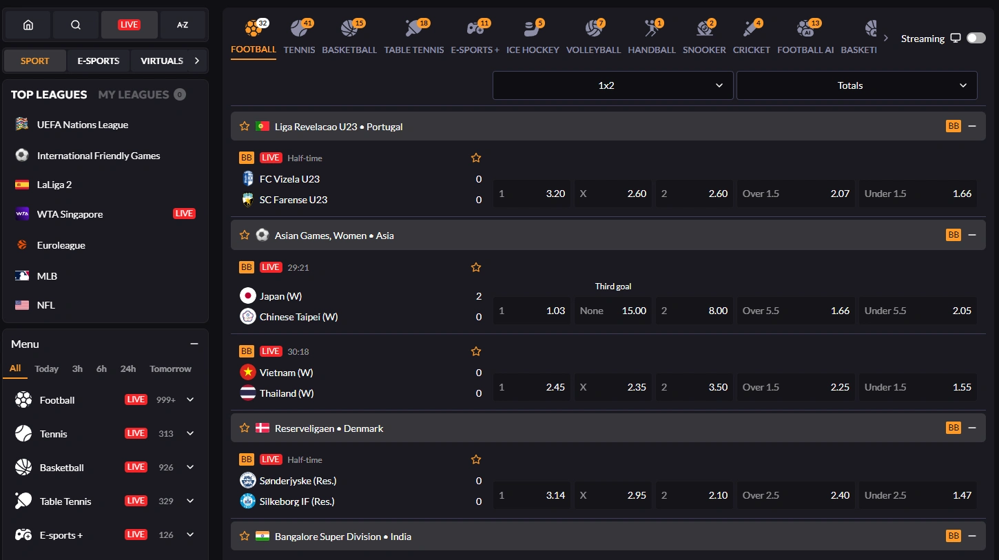 Madcasino sportsbook showing live football betting markets and odds