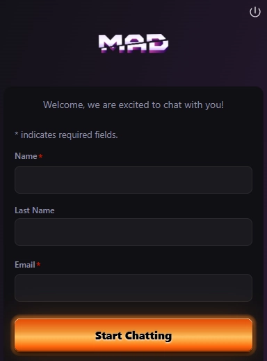 Madcasino live chat support form for contacting customer service
