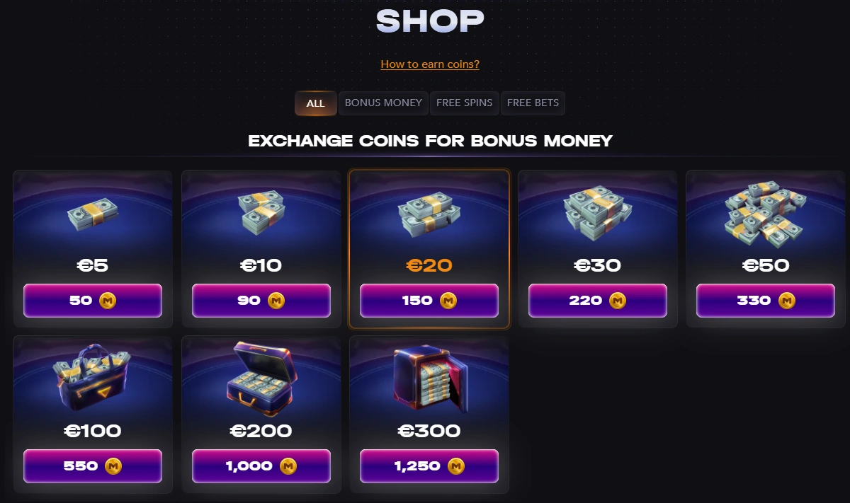 Madcasino Shop showing bonus money rewards exchanged for coins
